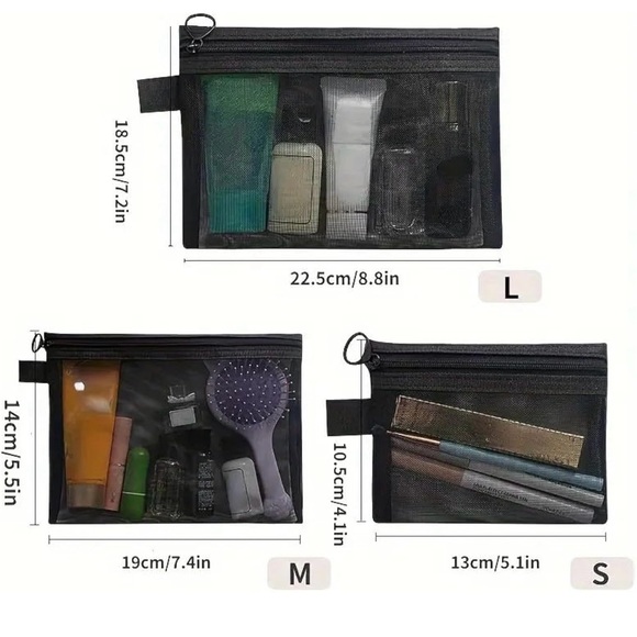 3pcs Multi Mesh Travel Cosmetic Bags Set - Black - Picture 2 of 4